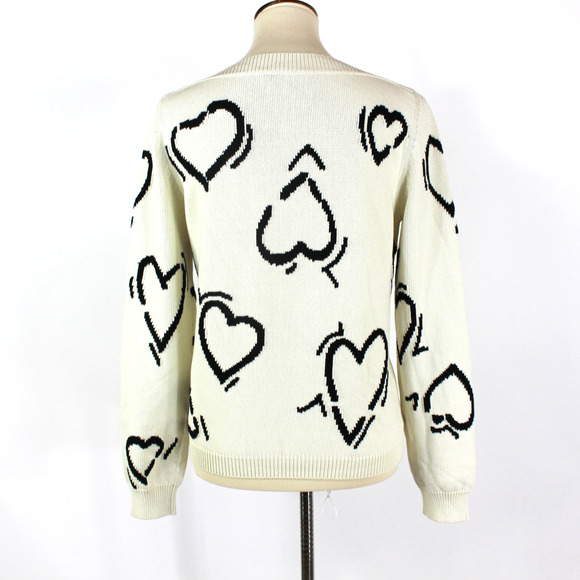 MaxMara Knit Heart Sweater Ivory Black Intarsia Motif Boatneck Pullover Knit S - Picture 5 of 6